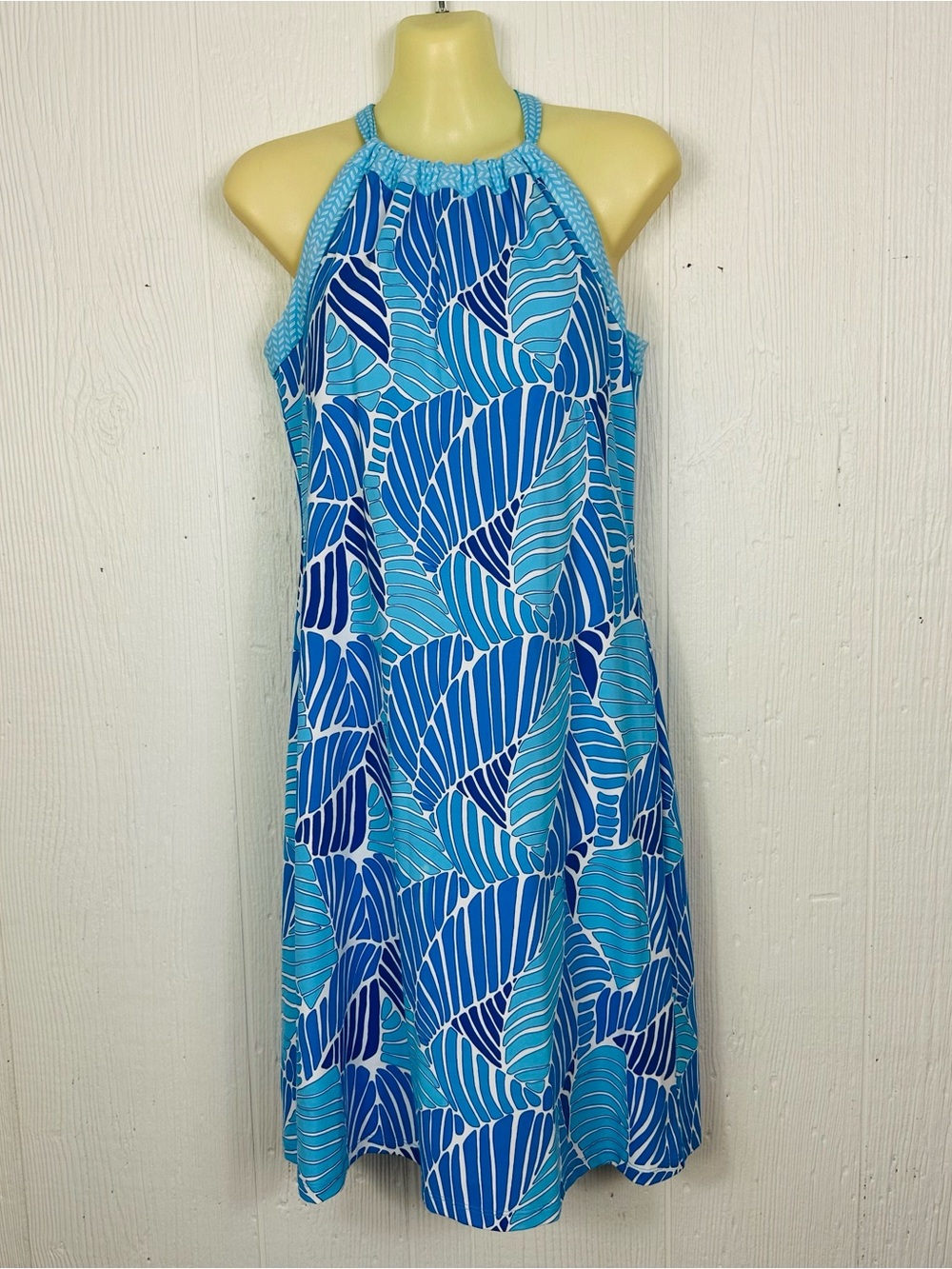 J. Mclaughlin Maria Halter Dress
 Blue/White Tropical Plant Leaves Print Small